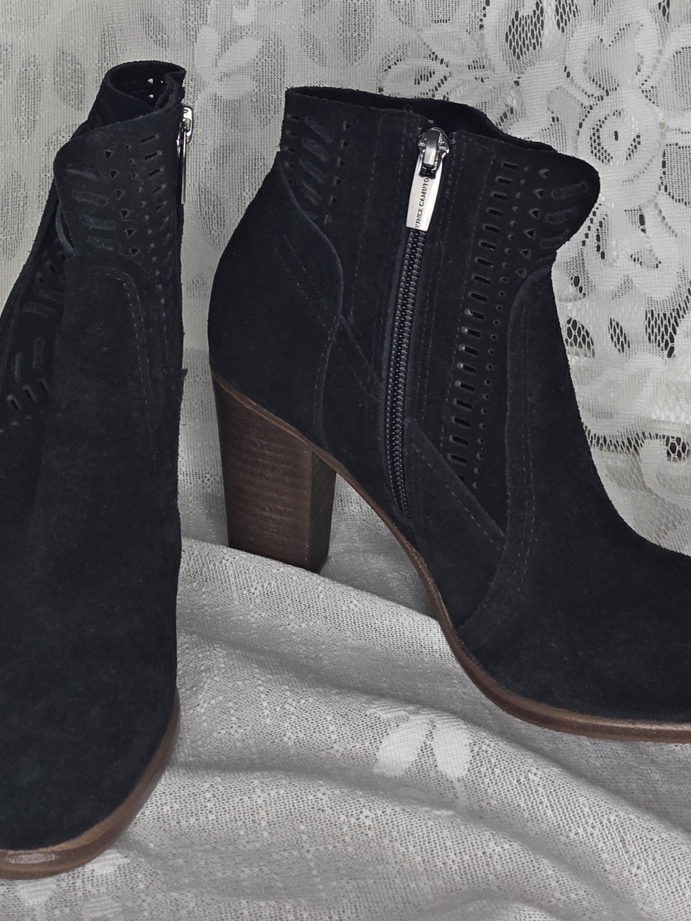 Vince Camuto Black Suede Laser-Cut Ankle Booties